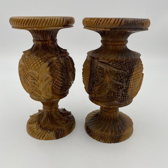 Lot of 2 Vintage Hand Carved Olive Wood Vase Camel Palm Tree Animal Plant Israel - Picture 4 of 9